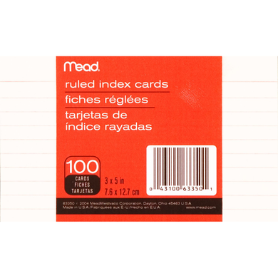Mead Index Card White 3X5 100 ct Ruled